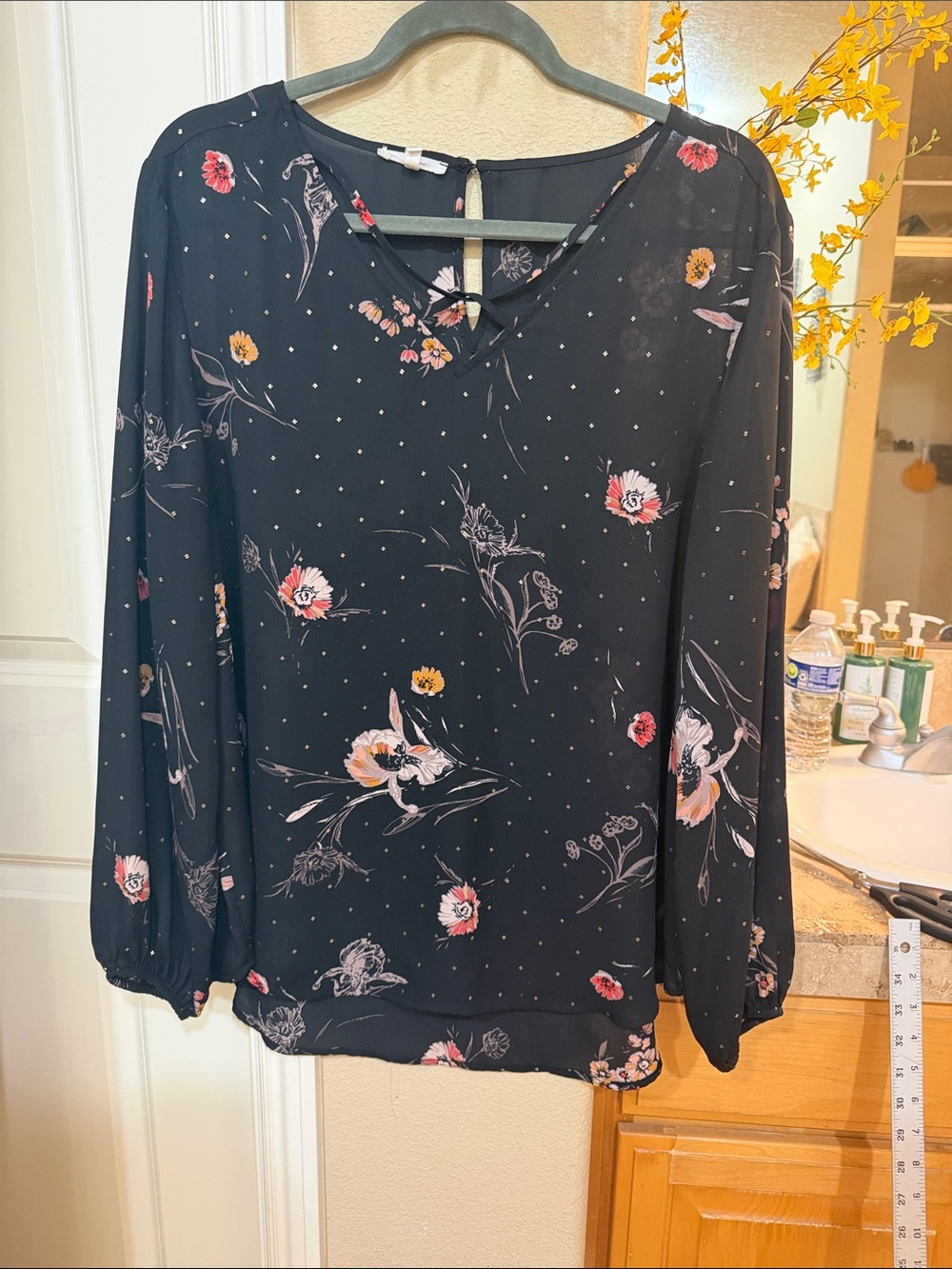 Maurices Black Floral V-Neck Blouse with Pink & Yellow Blooms